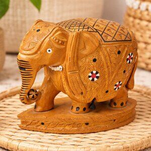 Hand-Carved Wooden Indian Elephant Figurine | Lucky Charm – Artisan Decor